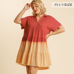 Umgee Plus Strawberry Dip Dye Collar Tiered Dress